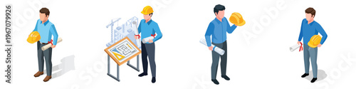 Professional male engineers and architects concept art in isometric style, holding hard hats and construction plans, symbolizing modern building and design