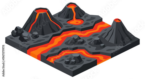 Volcanic landscape with flowing lava and erupting volcanoes.