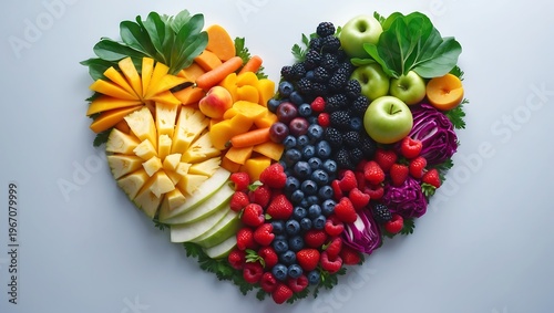 Colorful heart-shaped arrangement of fresh fruits and vegetables