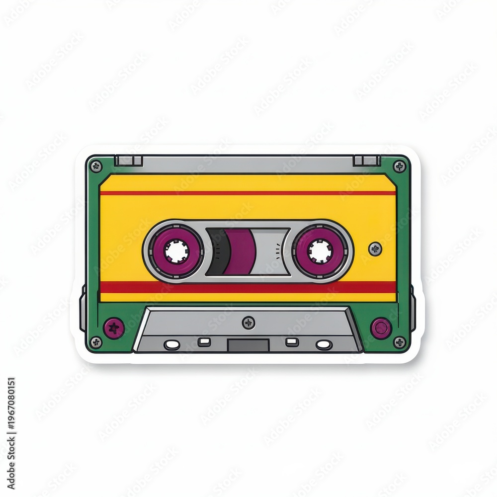 Naklejka premium Colorful Retro Cassette Tape Sticker with Yellow and Green Design