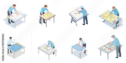 Architects and Engineers Working on Blueprints and Design Projects in an Office Setting