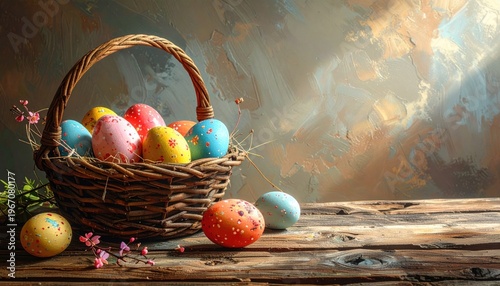 Easter painted eggs in the basket on wooden rustic table for your decoration in holiday. copy space