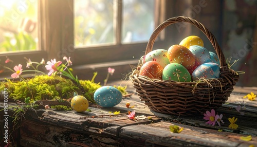 Easter painted eggs in the basket on wooden rustic table for your decoration in holiday. copy space