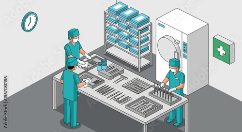 Medical professionals sterilizing surgical instruments in a clean room environment.