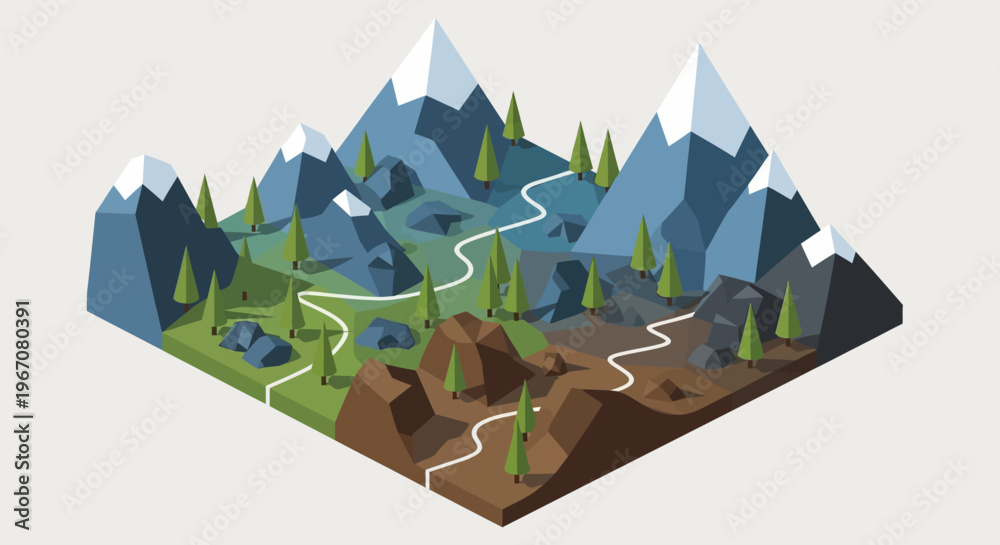 Naklejka premium Isometric mountain landscape with winding paths and trees.