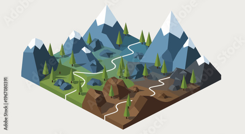 Isometric mountain landscape with winding paths and trees.