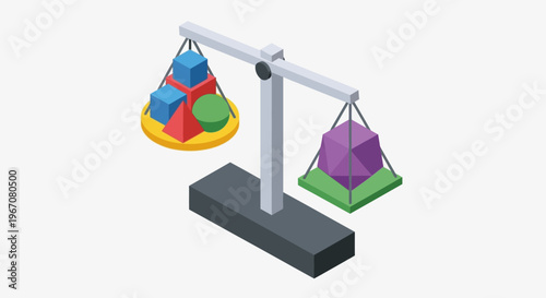 Balance scale with colorful geometric shapes on one side and a purple geometric shape on the other side.