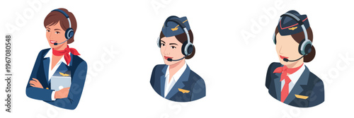 Set of three professional female customer service representatives in uniform with headsets, representing airline or hospitality staff assisting clients