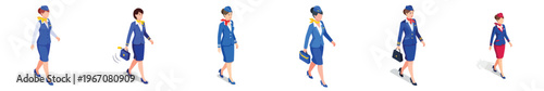 Set of isometric vector characters showcasing professional female airline cabin crew in various poses, representing travel, hospitality, and aviation industries