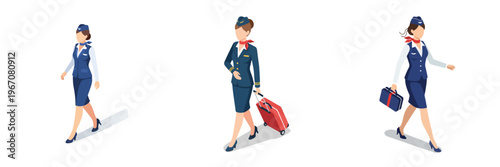 Set of isometric vector characters showcasing professional female airline cabin crew in various poses, representing travel, hospitality, and aviation industries
