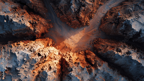 Aerial view of a volcanic crater with a dark blue lake at its center, showcasing rugged terrain and geological formations.