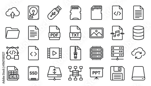 Digital Storage and File Icons: Cloud, Drives, Media, and Data Management Symbols
