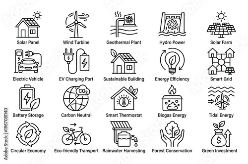 Eco-friendly Energy and Sustainability Icons: Renewable Power and Green Technology Solutions