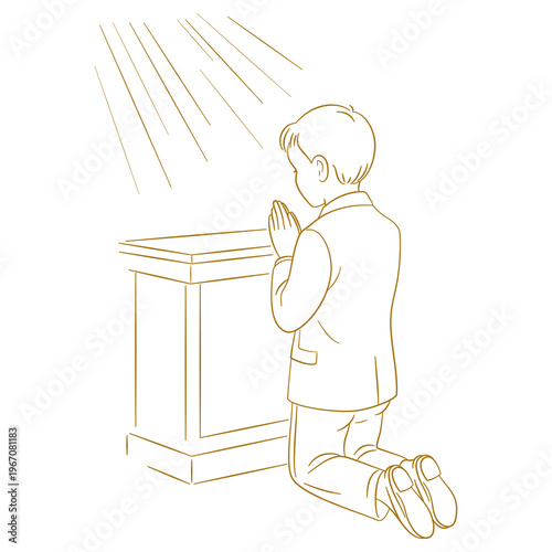 Klęczący chłopiec modlący się przy ołtarzu. Grafika na zaproszenia komunijne, kartki religijne i dewocjonalia.
