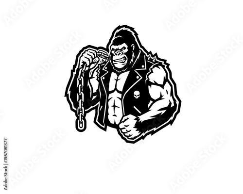 Powerful black and white vector mascot of a muscular gorilla wearing a leather biker jacket and holding a metal chain, aggressive primate streetwear design.