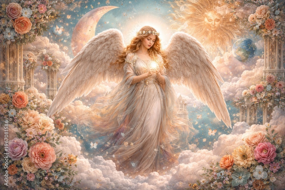Fototapeta premium Ethereal angel amidst celestial beauty.
