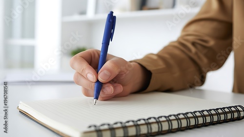 Persons hand writes with a blue pen in a spiral notebook on a white table indoors