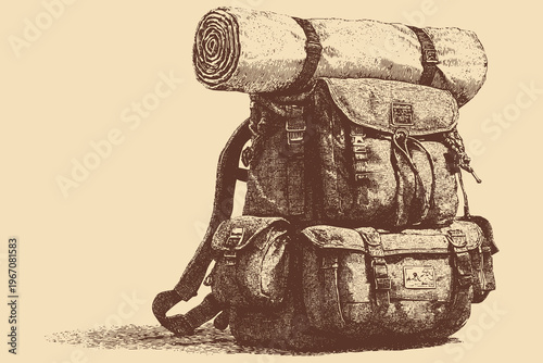 A vector illustration of a hiking backpack. A rolled-up sleeping bag is strapped to the top; retro camping gear.