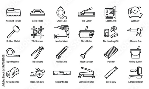 Collection of 25 Line Art Icons Representing Tiling and Construction Tools