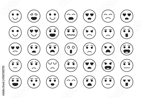 Set of black and white line art emoji icons showing various facial expressions for digital communication use