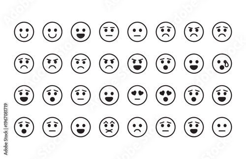 Assortment of expressive emoji faces conveying numerous emotions like joy, anger, and surprise, on light backdrop