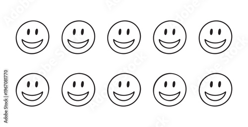 Set of ten outlined smiling face emoticons in two rows, black and white happy vector icon illustration