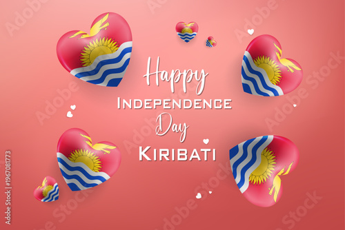 Kiribati Independence Day celebration graphic with hearts and frigatebird and sun emblem on red white and blue festive background