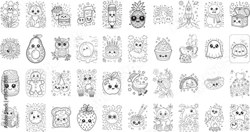 Kawaii Cute Doodle Mega Collection – Hand-Drawn Black and White Animals, Food, Music and Whimsical Cartoon Icons Set