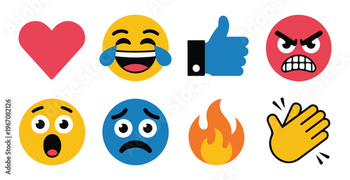 Flat style colorful reaction icons including heart thumbs up laughing face and angry emoji for social media
