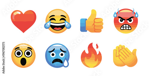 Glossy glass style reaction emojis with gradients and reflections for modern website and application design