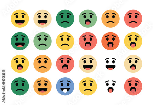 Colorful circular emoji faces with diverse expressions ranging from happy to sad for user feedback interface