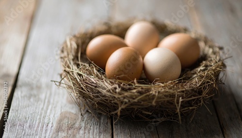 Easter eggs in nest on rustic wooden planks