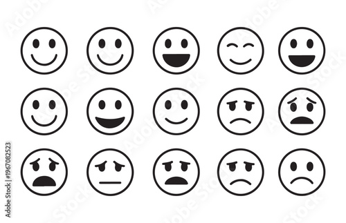 Comprehensive collection of black and white line art emoticons showing a range of emotions for design