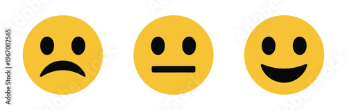Simple yellow facial expression emoticons showing sad, neutral, and happy moods on white background
