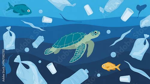 Sea turtle and fish swim through ocean waters polluted with plastic garbage