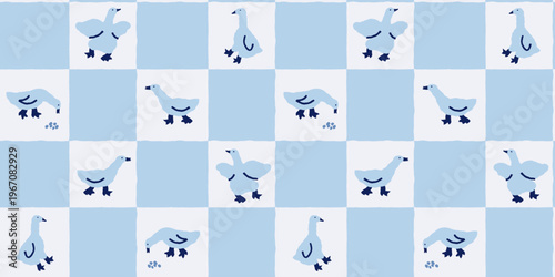 Cute blue geese seamless pattern, hand-drawn goose checkered background for nursery