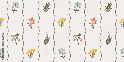 Seamless pattern with hand drawn wildflowers and strawberries on a wavy striped background. Grandmillennial floral texture. Retro-inspired background.