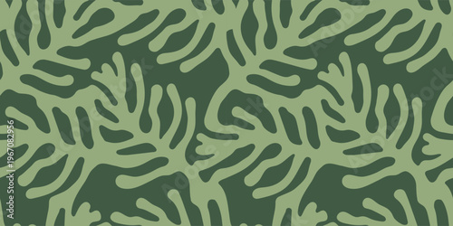 Seamless pattern with organic leaf shapes in green monochrome, Matisse inspired botanical background