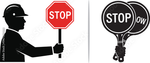 A vector illustration featuring a construction worker holding a red "STOP" sign on the left and a hand holding two circular "STOP" and "SLOW" traffic control paddles on the right.