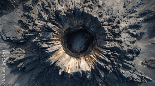 Aerial view of a volcanic crater with a dark blue lake at its center, showcasing rugged terrain and geological formations.