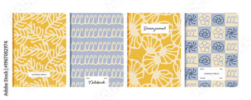 Set of nautical stationery covers with hand drawn sea patterns. Set of notebook, diary, planner cover designs patterns