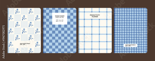 Set of notebook, diary and planner cover designs with blue hand-drawn checkered and floral patterns Stationery templates