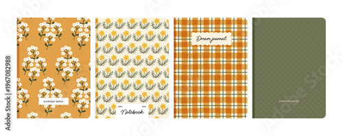 Set of cottagecore notebook, diary, planner cover designs with floral patterns, gingham, and dots in countryside cottagecore style. Stationery templates