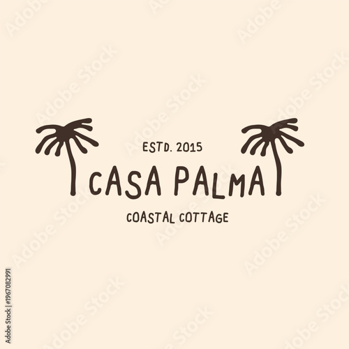 Casa Palma coastal cottage logo template featuring hand-drawn palm trees and rustic typography for tropical real estate or vacation branding.
