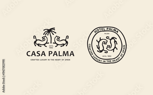 Logo template featuring luxury hand-drawn tiger and palm tree icons in a minimalist vintage stamp style, perfect for Mediterranean hotels or high-end branding
