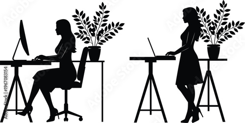 Silhouette of Woman Working at Desk with Computer and Laptop for Home Office, Workspace, and Remote Work Illustrationsulinary Designs