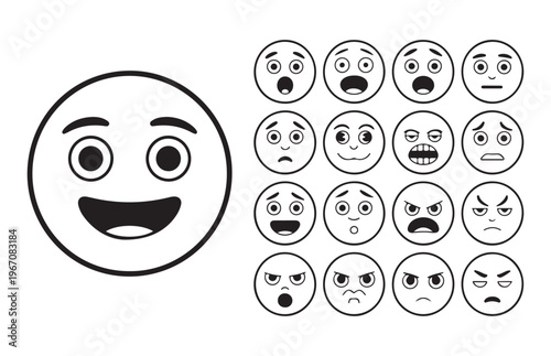 Detailed character face icons with circular outlines showing wide range of emotions for creative storytelling