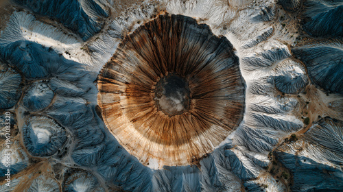 Aerial view of a volcanic crater with a dark blue lake at its center, showcasing rugged terrain and geological formations.
