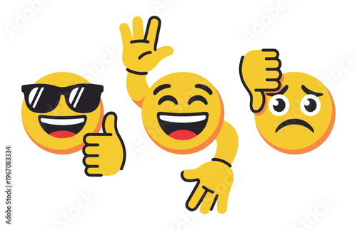 Flat design yellow emoji icons with dynamic hand movements and expressive features for social media updates