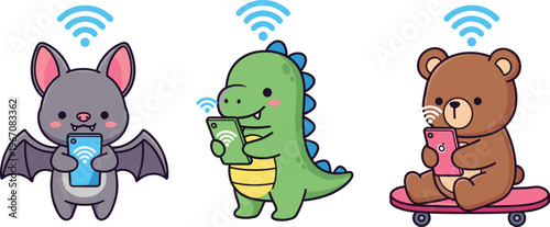 Cartoon Animal Characters Set with Bat, Dinosaur, and Bear Using Phones and Wireless Signals for Technology, Communication, and Fun Illustrations
